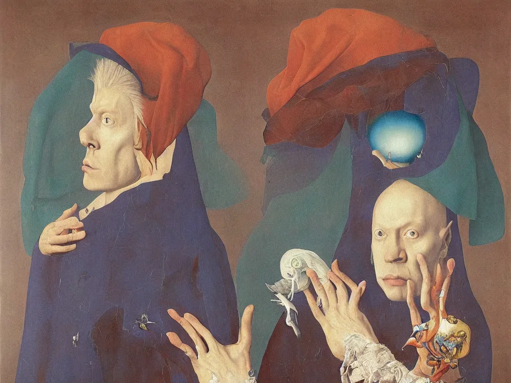 Image similar to Portrait of albino mystic with blue eyes, with cosmic wound. Painting by Jan van Eyck, Audubon, Rene Magritte, Agnes Pelton, Max Ernst, Walton Ford