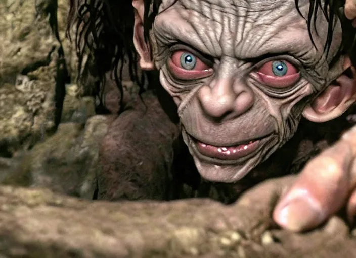 Image similar to ice poseidon playing as Gollum in The Hobbit (2012) , 35mm photography, highly detailed, cinematic lighting, dystopian, grunge 4k