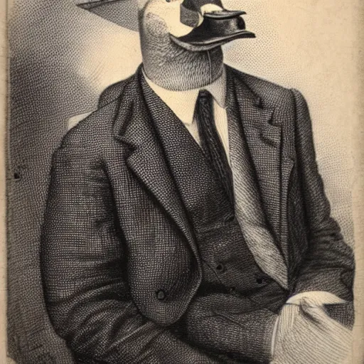 Image similar to a high detail photo of a man with a duck's head wearing a suit, antropomorphic, photorealism