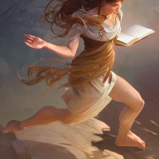 Prompt: a girl reading a book, dynamic action pose, hair flowing down, intricate, highly detailed, digital painting, artstation, concept art, smooth, sharp focus, illustration, Unreal Engine 5, 8K, art by artgerm and greg rutkowski and alphonse mucha