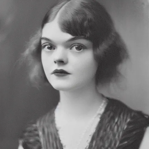 Image similar to headshot edwardian photograph of middle - aged elle fanning, 1 9 2 0 s film actress, realistic face, 1 9 3 0 s, grainy, victorian, detailed, slightly blurry