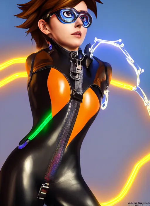 Image similar to portrait bust digital artwork of tracer overwatch, wearing iridescent rainbow latex and leather straps catsuit outfit, 4 k, expressive happy face, makeup, in style of mark arian, angel wings, wearing detailed leather collar, chains, black leather harness, detailed face and eyes,