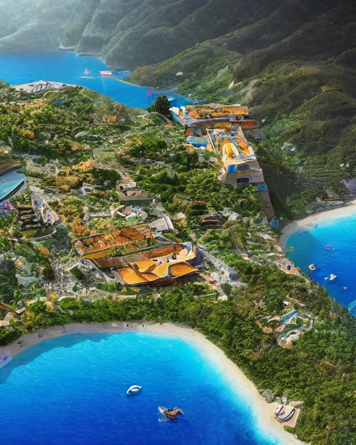 Prompt: wide angle high definition photo of futuristic solarpunk island + assos paradise lush village in kefalonia, greece painted by shaddy safadi and studio ghibli and feng zhu