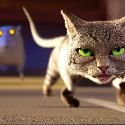 Image similar to a cinematic fill still from a 2015 Pixar movie where anthropomorphic cats battle with aliens, in the style of Pixar, shallow depth of focus