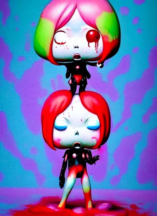 Image similar to a dramatic emotional hyperrealistic pop surrealist oil panting of a sad sobbing grotesque kawaii vocaloid figurine caricature sobbing red in the face uglycrying with tears and snot featured in dead space hill 2 by roger dean made of dripping paint splatters, 😭 🤮 💕 🎀