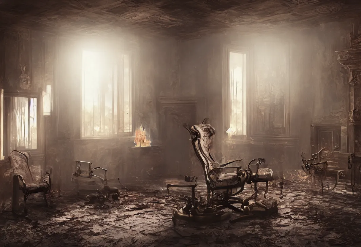 Image similar to An intimate closeup portrait photograph of a solitary futuristic robot sitting on a frayed recliner in front of a beautiful fireplace with a cozy fire, in a dilapidated steampunk Victorian home, soft morning light seeping in a window, with cinematic lighting and lens flare, tall ceiling, octane render, cgsociety, by Simon Stalenhag and Alfonso Cuaron, highly detailed close shot , award-winning highly detailed 8k anamorphic Arri Alexa Cooke cinematic movie photograph