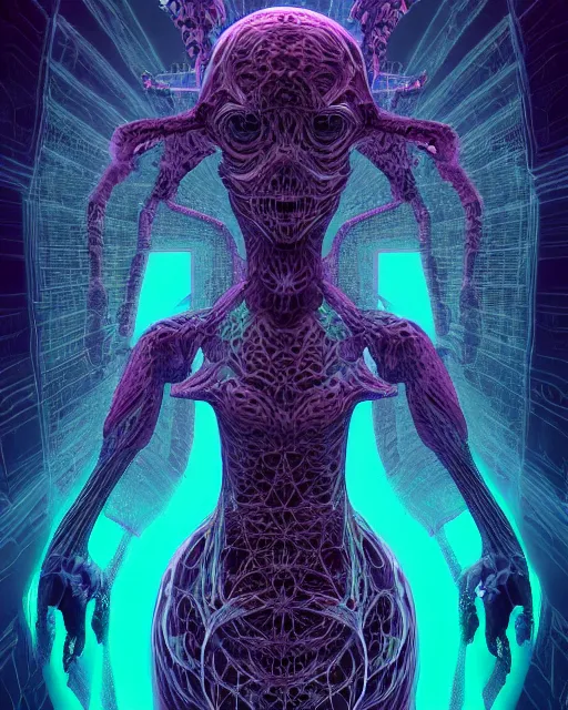 Image similar to 3 d render the menacing creature that crossed the event horizon to steal your soul out of this dimension and into the macabre realm of cosmic horror with profile picture by luis toledo and alex grey and beeple. neosurrealism. digital art, pixel art, concept art, octane render, trending on cgsociety, trending on artstation