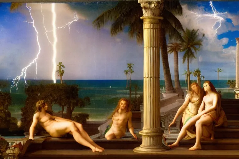 Image similar to mediterranean balustrade and palace columns, refracted lightnings on the ocean, thunderstorm, tarot cards characters, beach and Tropical vegetation on the background major arcana sky and occult symbols, by paul delaroche, hyperrealistic 4k uhd, award-winning, very detailed paradise