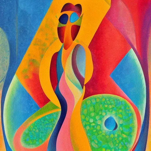 Prompt: her footprints were the markings of her tribe as she journeyed forth, abstract art in the style of cubism and georgia o keefe,