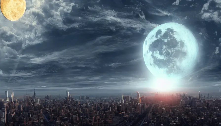 Prompt: giant moon in the sky going to smash the earth, view from new york city, hyperdetailed, artstation, cgsociety, 8 k