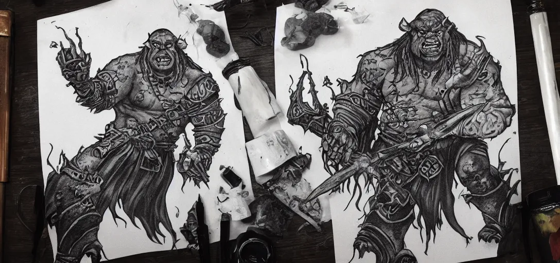 Image similar to 'stylized D&D wizard Orc, Dirty brute Orc with tattoo, casting a spell to create eerie white lighting'