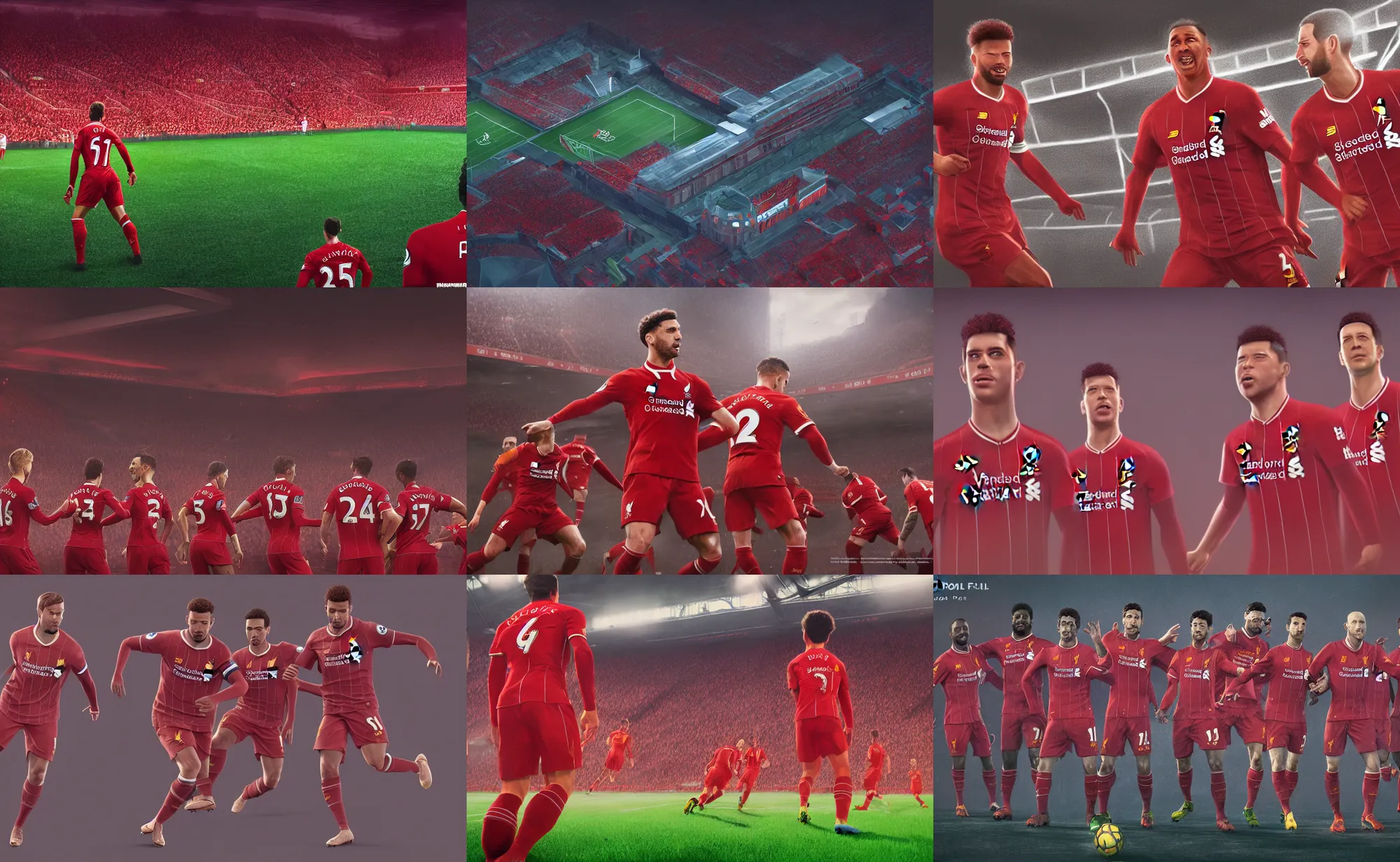 Prompt: liverpool football club, highly detailed, digital painting, realistic, trending on artstation, Pixar and Disney animation, Unreal Engine 5, film key art, concept art, Adam Paquette, Bloom, dramatic lighting