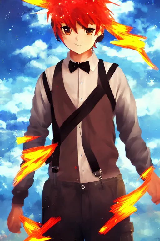 Image similar to anime young boy wearing suspenders pointing at the sky with fire particles around him, energetic pose, wlop, concept art, digital painting, trending on artstation, highly detailed, epic composition, 8 k uhd