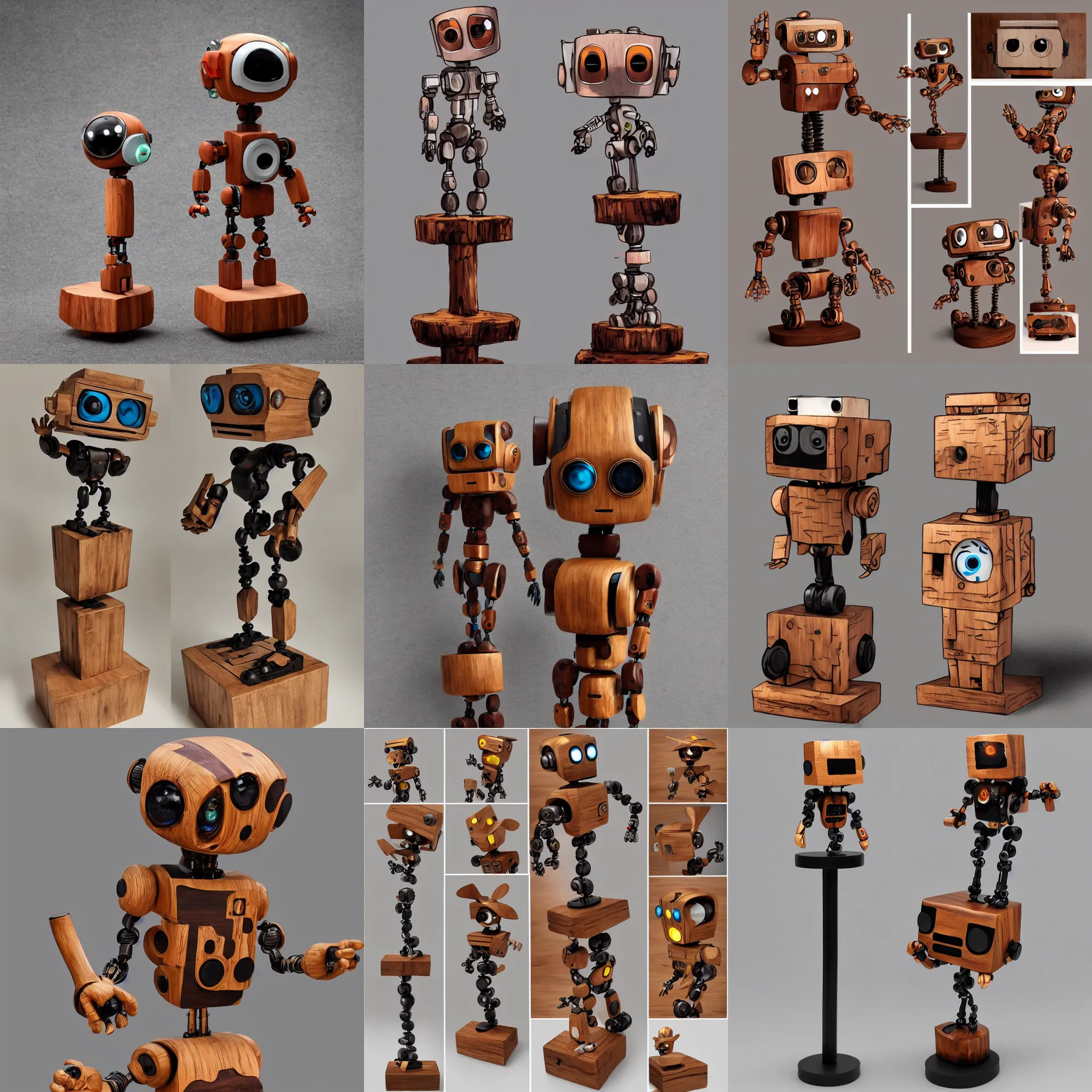 Prompt: 8 k photorealistic a wooden art toys on a pedestal cute robot wooden, cyberpunk concept art contemporary art gallery art by young skottie