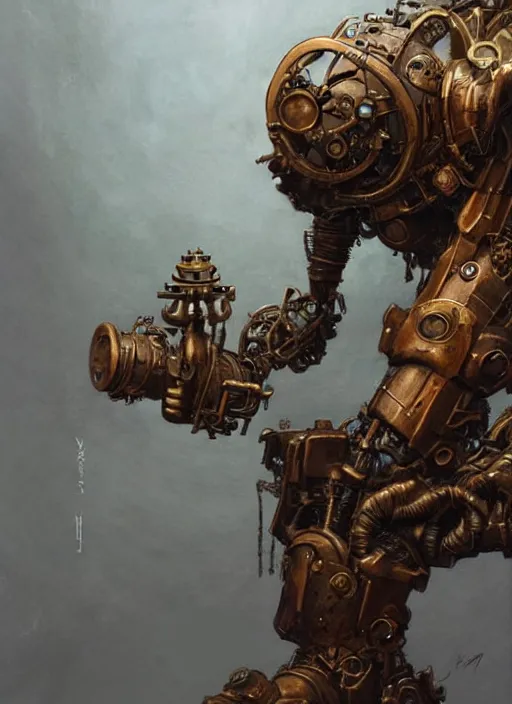 Prompt: bronze golem im steampunk workshop, intricate, elegant, highly detailed, john park, frazetta, sparth, ruan jia, jeffrey catherine jones