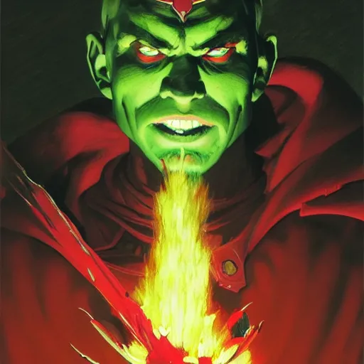 Image similar to 4k headshot of Spawn from Macfarlane comics , killing with green fire by Craig Mullins, ilya kuvshinov, krenz cushart, epic , artgerm trending on artstation by Edward Hopper and Dan Mumford and WLOP and Rutkovsky, beksinski carl spitzweg moebius and tuomas kocar, intricate artwork by caravaggio, Unreal Engine 5, Lumen, Nanite , 4K headshot of godlike clown with defined arms and open hands and bloody clothes with giant mandala wings , intricate face , flawless anime cel animation by Kentaro Miura, psychedelic , highly detailed upper body , professionally post-processed , beautiful, scary, symmetry accurate features, epic, octane rendered, anime masterpiece, accurate