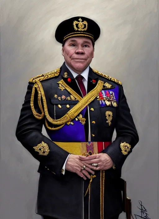 Image similar to portrait of supreme leader quebec premier francois legault, royalty, extravagant, lord, full body, military uniform, quebec flag french lily flower, fantasy, intricate, elegant, beautiful, highly detailed, charcoal, centered, dark, smokey, digital painting, artstation, concept art, art by artgerm and greg rutkowski and alphonse mucha