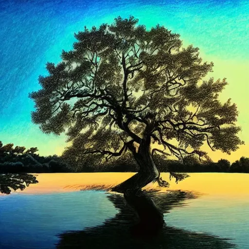 Image similar to beautiful drawing of an oak tree growing in the middle of a lake at dusk