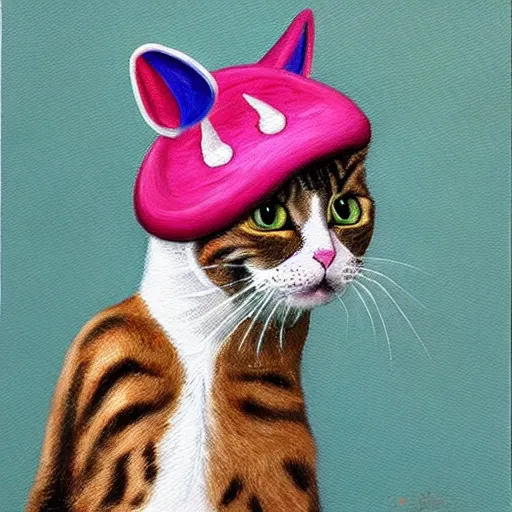 Image similar to a hyper realistic painting of a cat wearing a bicorn hat, super detailed, realistic, thick brush strokes, visible paint layers.