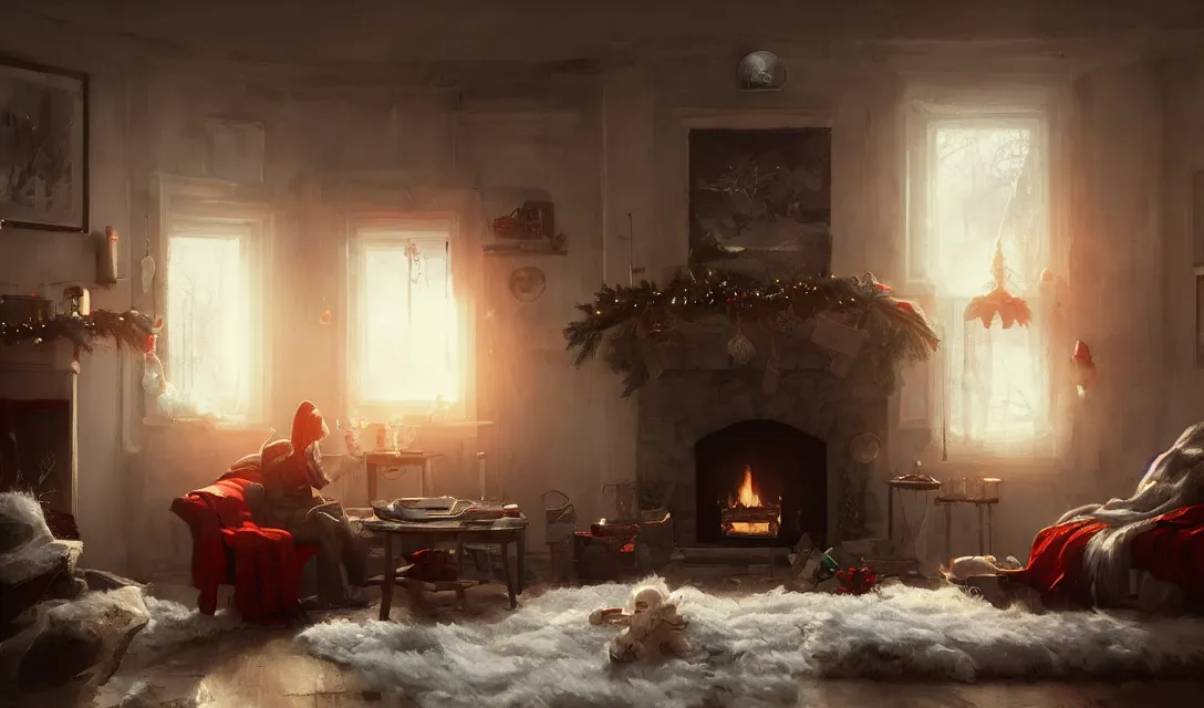 Image similar to a christmas eve photorealistic painting, cozy home, interior, sci - fi, wlop, concept art, octane render, deviantart, greg rutkowski, cinematic, key art, hyperrealism