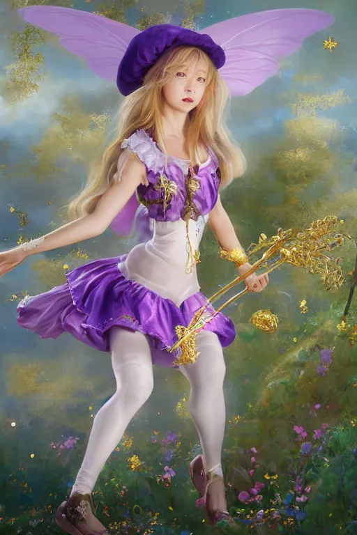 Image similar to Full View fairy maiden with short blond hair wearing an oversized purple Beret, Baggy Purple overall shorts, Short Puffy pants made of silk, silk shoes, a big billowy scarf, Golden Ribbon, and white leggings Covered in stars. covered in embroidery. Short Hair. peasant magic. Rhythmic gymnastics poses. masterpiece 4k digital illustration by Ruan Jia and Mandy Jurgens and Artgerm and william-adolphe bouguereau and greg rutkowski , award winning, Artstation, art nouveau aesthetic, Alphonse Mucha background, intricate details, realistic, panoramic view, Hyperdetailed, 8k resolution, intricate art nouveau