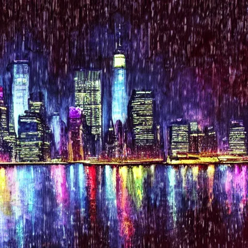 Image similar to beautiful landscape of new york city on rainy night, 4k, hd, upscaled, colourful, artstation, digital art