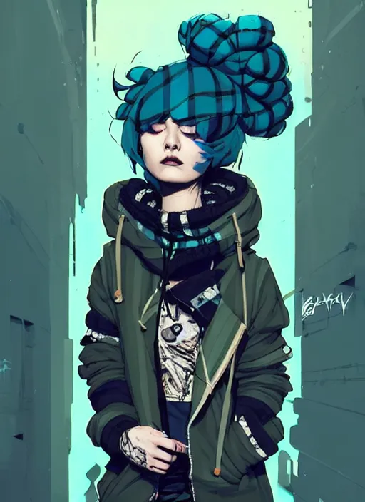 Prompt: highly detailed portrait of a sewer punk lady, tartan hoody, blue ringlet hair by atey ghailan, by greg rutkowski, by greg tocchini, by james gilleard, by joe fenton, by kaethe butcher, gradient blue, black, blonde cream and white color scheme, grunge aesthetic!!! ( ( graffiti tag wall background ) )