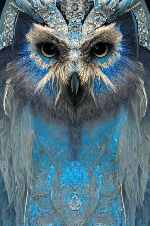 Image similar to a beautiful closeup shot from a fantasy film of a humanoid iridescent blue owlbear wearing a loose tunic. an anthropomorphic owlbear. fantasy, frown, intricate, elegant, highly detailed, digital painting, artstation, concept art, matte, sharp focus, illustration, art by artgerm and greg rutkowski and alphonse mucha