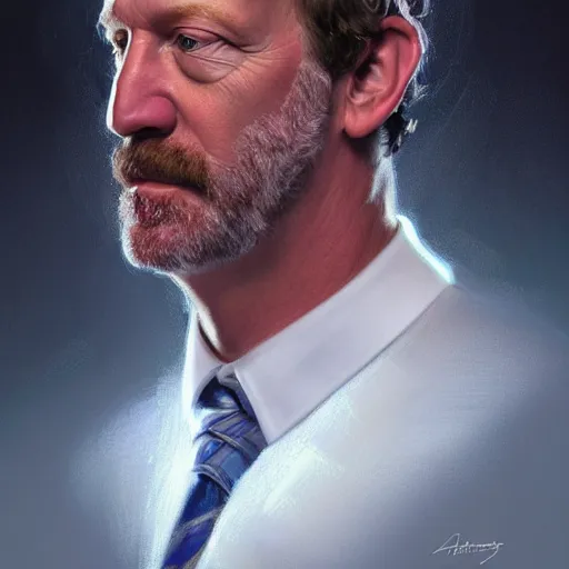 Image similar to beautiful portrait of Phil Housley, the hockey coach, fantasy, intricate, elegant, highly detailed, digital painting, artstation, concept art, smooth, sharp focus, luxury fashion illustration, art by artgerm and greg rutkowski and alphonse mucha, brightly lit cinematic soft lighting, photorealistic