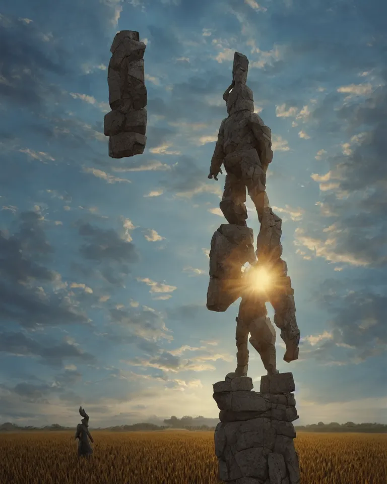 Prompt: wide shot of a tall and thin rocky geometric statue hovering vertically ten feet above a cornfield, late afternoon, golden hour, dramatic lighting, cinematic, highly detailed, smooth, sharp focus, concept art by greg rutkowski and marc simonetti