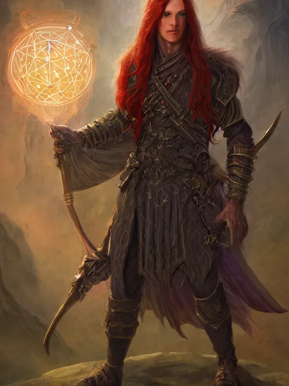 Prompt: a dnd holomancer, male, technological longcoat, detailed face, long red hair, white skin, holographic creatures, lab background, high fantasy, science fiction, highly detailed, sharp focus, smooth, digital illustration, by clyde caldwell