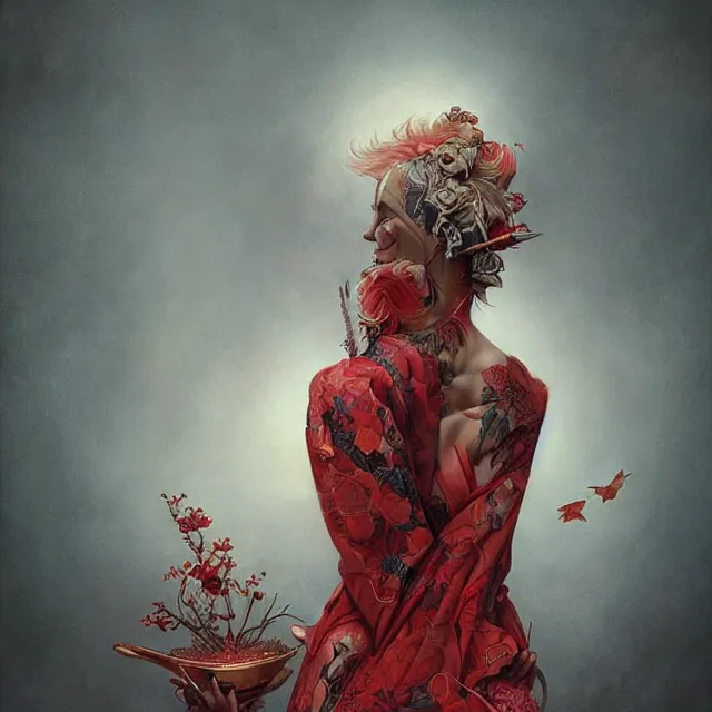 Prompt: ultra realistic illustration, beautiful woman dressed in red kimono, backview, tattoos, in the style of peter mohrbacher by weta digital and beth cavener, high face symmetry, intricate, masterpiece, award winning, high face symmetry, intricate