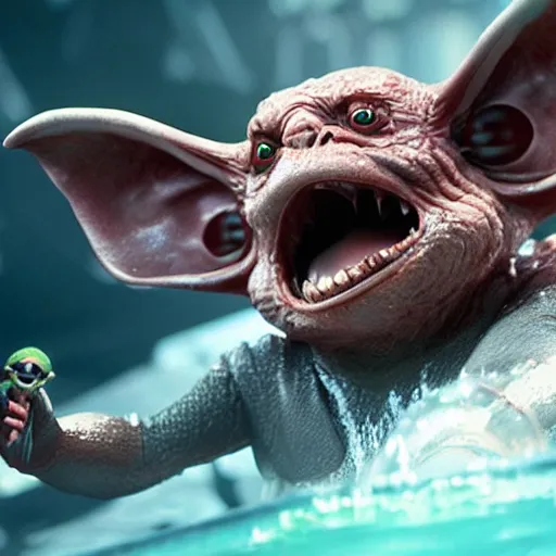 Image similar to a film still of gremlin coming out of water in star wars realistic, detailed, 8 k