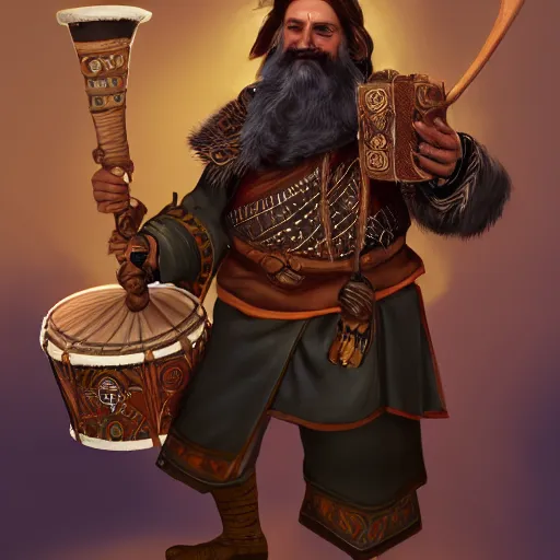 Image similar to Male Hashka (from D&D) bearded bard holding a drum, ornately dressed, standing in populated Baldur\'s Gate city square, hyperdetailed, artstation, cgsociety, 8k