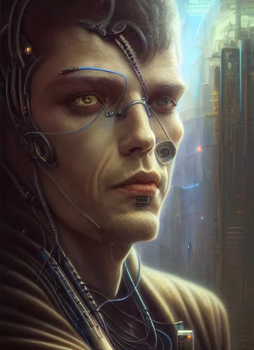 Image similar to portrait shot of a cyberpunk male in a scenic dystopian environment, intricate, elegant, highly detailed, centered, digital painting, artstation, concept art, smooth, sharp focus, illustration, artgerm, tomasz alen kopera, peter mohrbacher, donato giancola, joseph christian leyendecker, wlop, boris vallejo