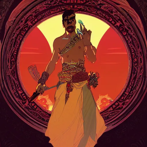 Image similar to an ultra detailed vector image of mario dressed as the prince of persia, concept art by alphonse mucha and greg rutkowski, bright red desert sands, bright yellow and red sun, octane render, liminal space