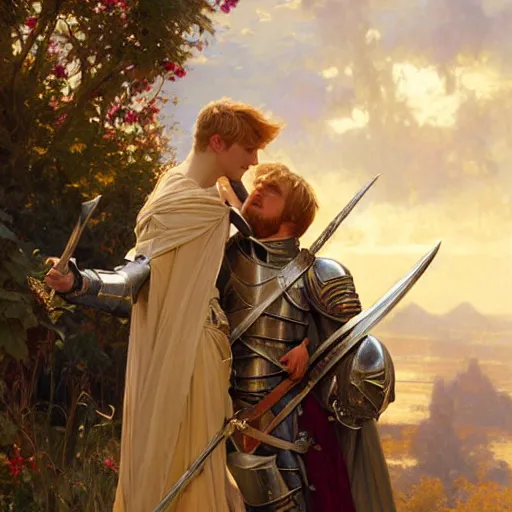 Image similar to attractive arthur pendragon and his favourite attractive male knight, they are in love, camelot, natural lighting, path traced, highly detailed, high quality, digital painting, by gaston bussiere and ross tran and j. c. leyendecker and alphonse mucha