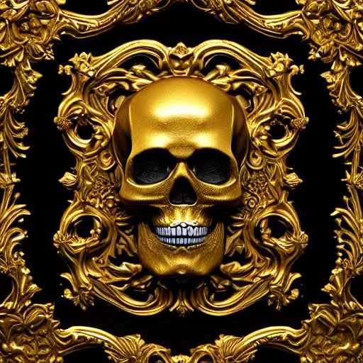 Image similar to 3d golden and black skull engraved with baroque ornaments. trending on artstation. octane render. dark art. gothic art. symmetrical artwork