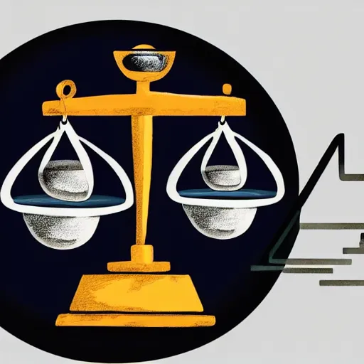 Prompt: set of balance scales with weights, libra symbol, one cow and one cat in dish