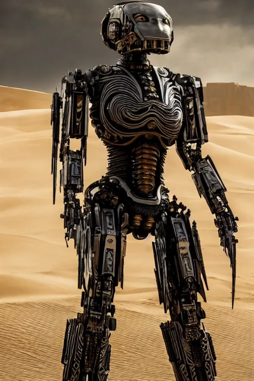 Image similar to cinematic still in westworld and dune movie and pacific rim movie and ps 5 game machine warrior 5, intricate ornate humanoid mecha warrior,