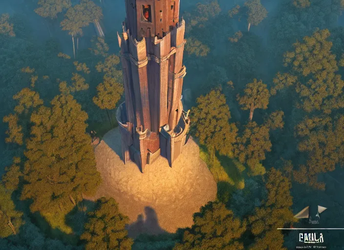 Image similar to overhead view of the great tower of the south in the magical forest of saporra, medium shot, studio ghibli, pixar and disney animation, sharp, rendered in unreal engine 5, anime key art by greg rutkowski, bloom, dramatic lighting