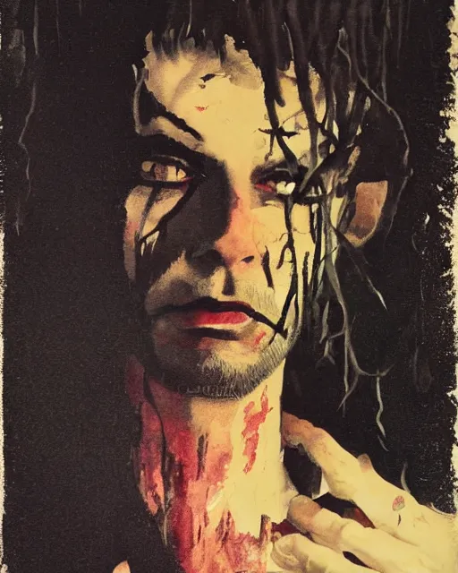 Prompt: a beautiful but sinister man in layers of fear, with haunted eyes and wild hair, 1 9 7 0 s, seventies, woodland, a little blood, moonlight showing injuries, delicate embellishments, painterly, offset printing technique, by brom, robert henri, walter popp