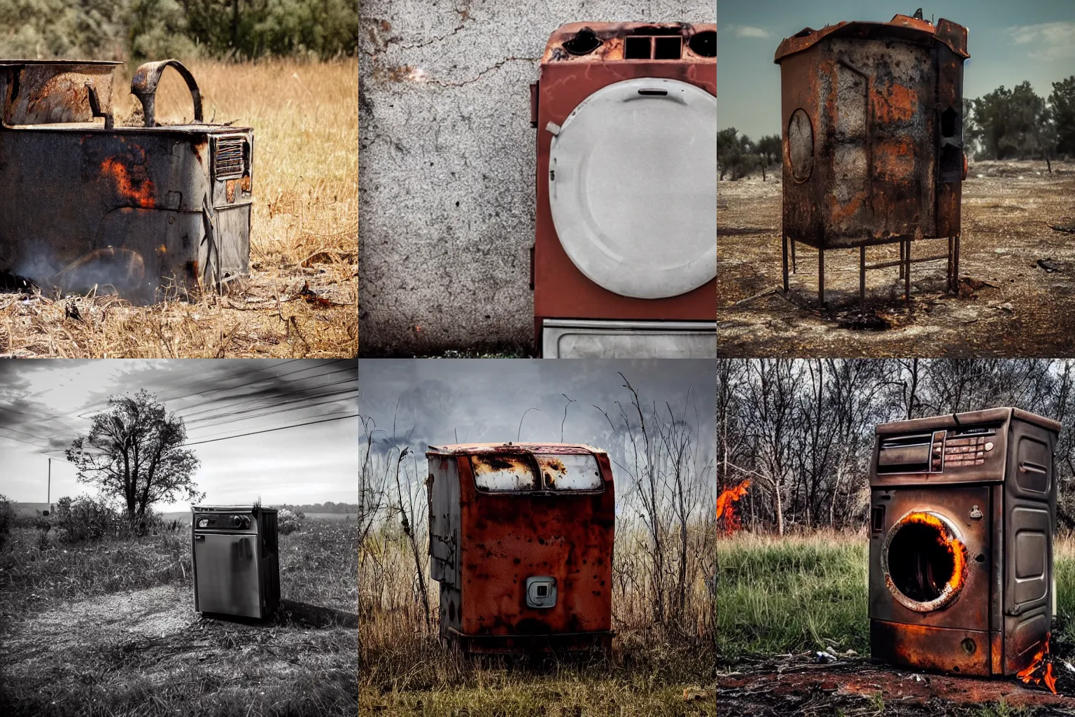 Prompt: a photo of a burning rusted washing machine im flames that is on fire standing in a dried out field