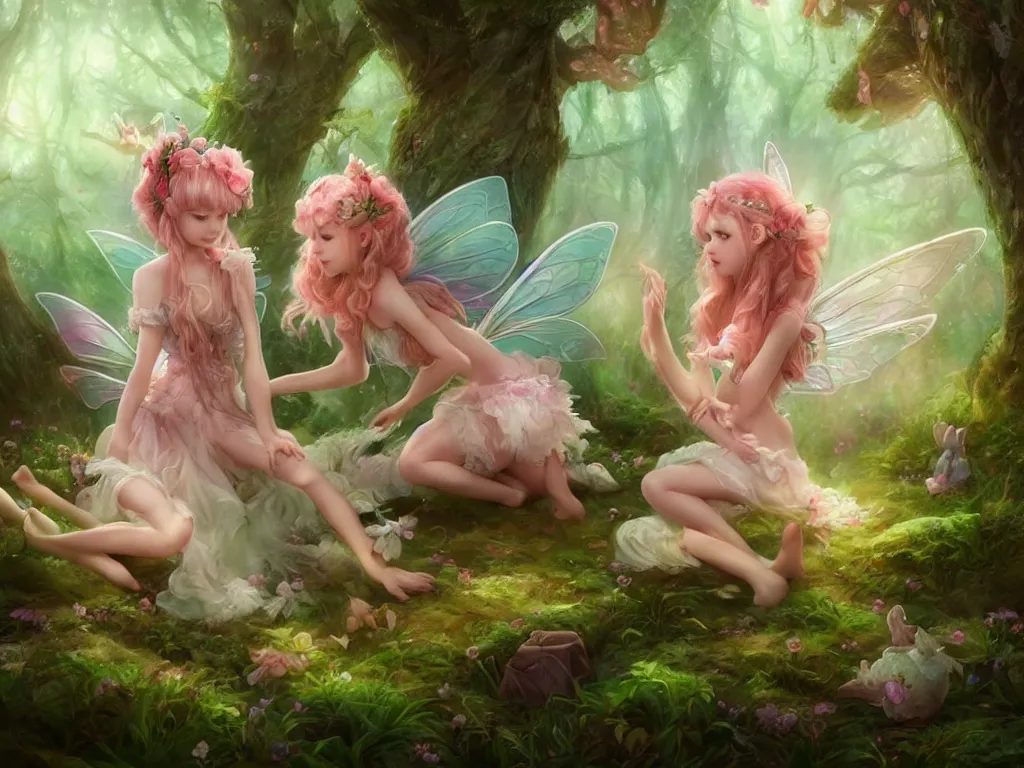 Image similar to two cute fairy in the dreamy forest, fantasy, dreamlike, 8 k resolution, hyper detailed, d & d, character design, digital painting, trending on artstation, sharp focus, illustration, art by artgerm, viktoria gavrilenko, hoang lap, fuji choko, steve zheng