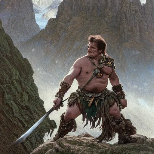 Image similar to an ultradetailed portrait of robin williams dressed as an troll barbarian, standing heroically on top of a cliff, d & d, fantasy, intricate, elegant, highly detailed, digital painting, matte, sharp focus, illustration, giant bone cleaving sword, god rays, art by john collier and albert aublet and krenz cushart and alphonse mucha