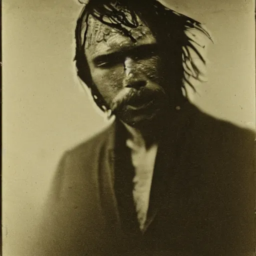 Prompt: A wet-collodion portrait of a man who is in a lake, half of his body is submerged while the other half is above the water, calming, serene, peaceful