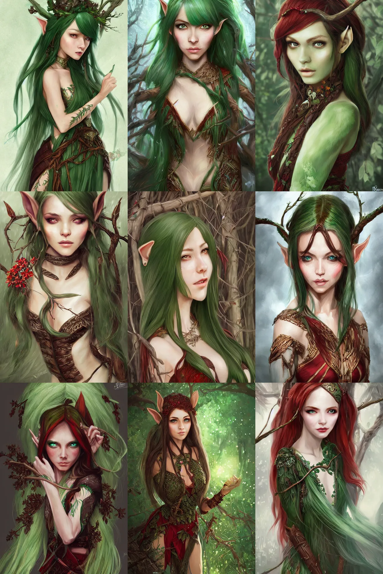 Prompt: beautiful wood elf, female, green hair, brown skin, red eyes, ornamental dress made of branches, high fantasy, extremely detailed, smooth, sharp focus, digital illustration, by rossdraws, wlop, artgerm