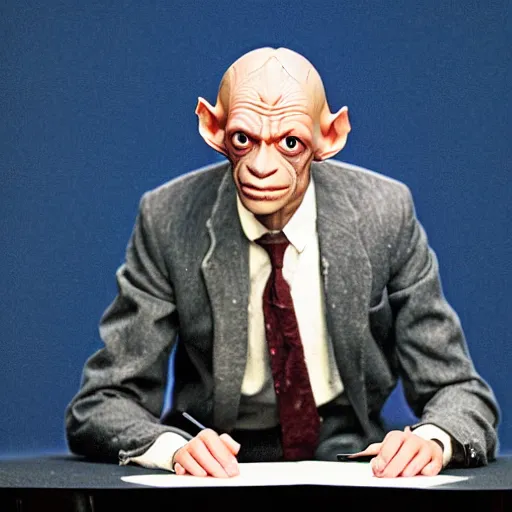 Image similar to photo of gollum from lord of the rings, wearing a suit, giving a presentation in a formal business meeting,