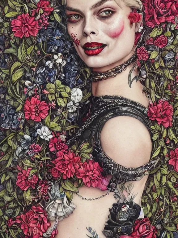 Image similar to a punk portrait of margot robbie harley quinn between embellished pattern and huge flower bushes,by tom bagshaw,marie spartali Stillman,Ekaterina Belinskaya,William Morris,Oleg Turchin,trending on pinterest,dark fantasy,maximalist,glittering,feminine