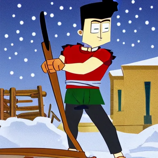 Prompt: an Italian-American man preparing to raid a Wendy's restaurant with a snow shovel in place of a buster sword, in the style of Samurai Jack